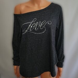 Victoria's Secret Black Off-Shoulder Sweatshirt with Rhinestone Love Design
